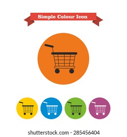 Set of vector icons with shopping cart, with text on red ribbon