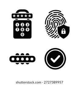Set of vector icons showing concepts of access control including numeric keypads obfuscated passwords biometric fingerprint checkmark confirmation