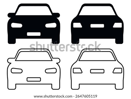 Set of vector icons showing front and rear view of cars in black solid and outline styles. Car front rear icons. Vehicle front and back. Auto silhouette vector. Car icon set. Front and back car view.