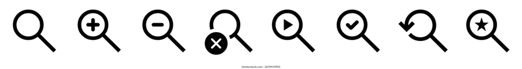 Set of vector icons showing magnifying glass with actions zoom in, zoom out, close, search, play, check, refresh, and favorite. Minimal flat design, perfect for UI and app.