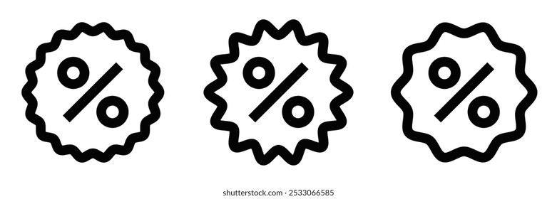 Set of vector icons showing percentage symbols inside various badge shapes, perfect for promotions, discounts, or offers. Editable stroke.