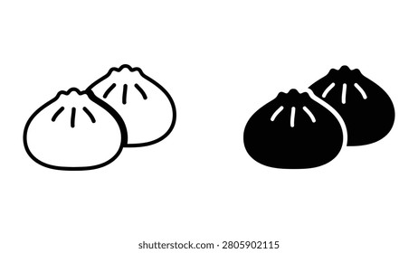A set of vector icons showing traditional steamed dumplings offered in outline and solid styles for restaurant menus food apps and culinary design projects.