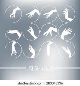 Set of vector icons of silhouette mapping graceful female hands in different gestures