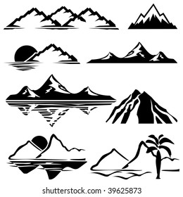 set of vector icons of silhouettes of the mountains