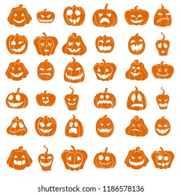 Set of vector icons. Simple Halloween pumpkin silhouettes isolated on white background. Various shapes and faces.