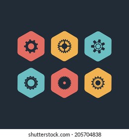 Set of vector icons of six different color cogwheels and gears. Graphics for maintenance, repair, manufacturing and development. Buttons for settings and options of application.