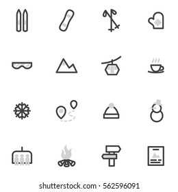 set of vector icons of skiing, snowboarding, winter sports, ski lifts.