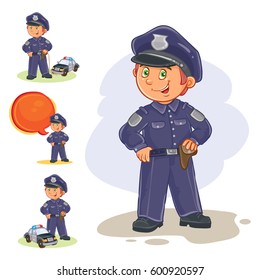 Set vector icons of small child policeman and his machine on a string. Design element, print for t-shirt Set vector icons of small child policeman and his machine on a string. Design element, print for t-shirt