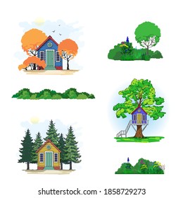Set of vector icons small house, trees and bushes.Colorful cartoon design.