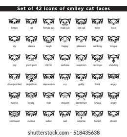 Set of vector icons of smiley cat faces. Collection of emoticons. 
Simple black Images on white background. All icons are grouped and numbered.
