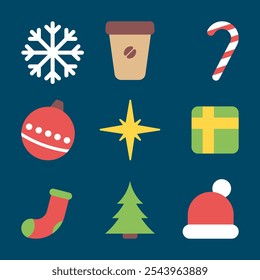 Set of vector icons. snowflake, coffee, lollipop, christmas ball, star, gift, sock, tree, hat. flat vector illustration.