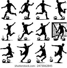 A set of vector icons of soccer silhouettes in black.