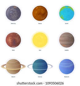 Set of vector icons of solar system planets. Outer space planets vector illustration.