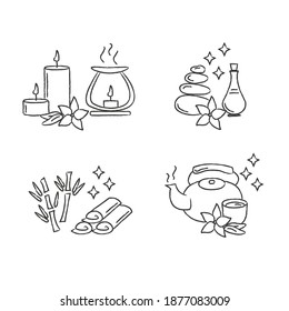 conjunto de iconos vectoriales para el salón spa. Aromaterapia y piedras de masaje, té relajante sobre fondo blanco