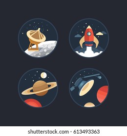 Set of vector icons of space. Collection of elements: planet, moon, satellite, rocket, antenna. Illustration life on Mars and other planets. Rocket launch into space. Cosmos exploration. Flat style.