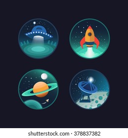 Set of vector icons of space. Flat icons. Ufo, planets, moon, rocket, satellite. Illustration on the theme of space and galaxies.