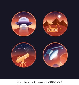 Set of vector icons of space. Flat icons. Ufo, planets, moon, satellite, robot, telescope.