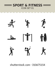 Set of vector icons with sport and fitness concept, isolated on white