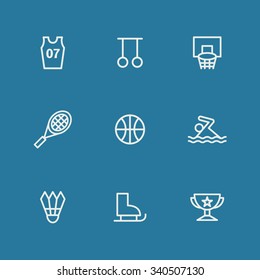 A set of vector icons for sports, basketball, uniform, gymnastics, swimming, tennis, trophy, badminton, skate.