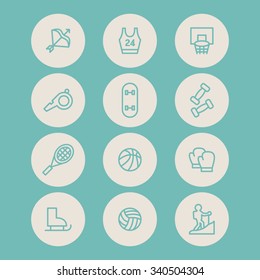 A set of vector icons for sports, climbing, skate, volley ball, bumble, whistle, skateboard, boxing glove, tennis, basketball, archery, uniform.