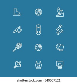 A set of vector icons for sports, climbing, skate, volley ball, bumble, whistle, skateboard, boxing glove, tennis, basketball, archery, uniform.