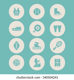 A set of vector icons for sports, rugby, swimming, badminton, tennis, scuba diving, climbing, shoe, skate, uniform, baseball, archery, volley ball.