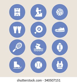 A set of vector icons for sports, rugby, swimming, badminton, tennis, scuba diving, climbing, shoe, skate, uniform, baseball, archery, volley ball.