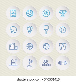 A set of vector icons for sports, rugby, swimming, badminton, table tennis, scuba diving, dumbbell, basketball, podium, victory stand, trophy, football, golf, billiards, tennis