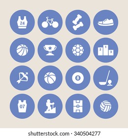 A set of vector icons for sports, shirts, shoe, bicycle, dumbbell, basketball, podium, victory stand, trophy, football, archery, golf, water polo, billiards, uniform, volley ball, climbing, tennis