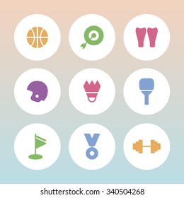 A set of vector icons for sports, table tennis, rugby, badminton, scuba diving, basketball, archery, dumbbell, golf, medal.