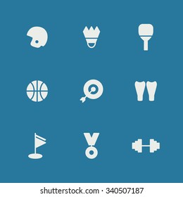 A set of vector icons for sports, table tennis, rugby, badminton, scuba diving, basketball, archery, dumbbell, golf, medal.