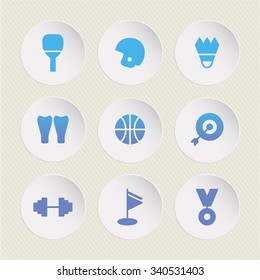 A set of vector icons for sports, table tennis, rugby, badminton, scuba diving, basketball, archery, dumbbell, golf, medal.