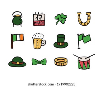 Set of vector icons for St Patrick's Day. Hand drawn isolated colorful pictures on the white background. 17 March celebration. Clover, beer, Irish flag, coin, drum, cauldron, hat, leprechaunt's items