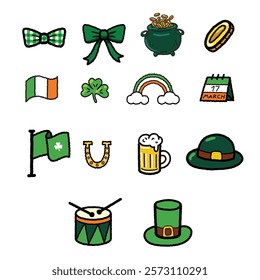 Set of vector icons for St Patrick's Day Hand drawn isolated pictures on the white background 17 March celebration Clover, beer, Irish flag, coin, drum, kettle, hat, leprechaunt's items