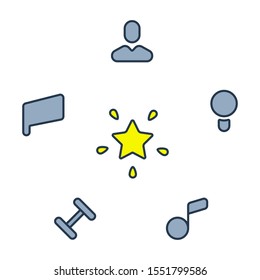 Set of vector icons star, head, light bulb, melody, dumbbell, dough.