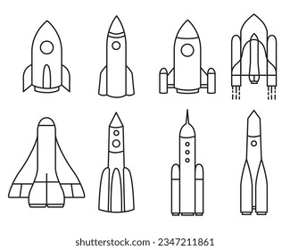 Set of vector icons of starships, rockets, spaceships