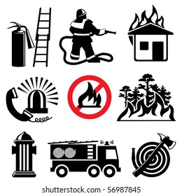 set of vector icons stencil. Fire safety and means of salvation.