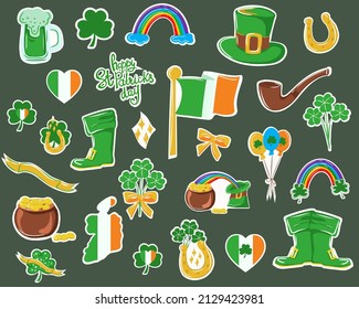 Set of vector icons and stickers for St. Patrick's Day. Symbols of the holiday three leaf clover, coin pot, rainbow, horseshoe, pipe, green boots and others.