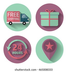 Set of vector icons for store. Free shipping, gift box, label on the map.