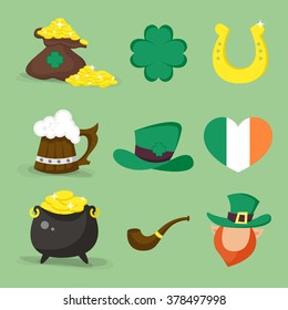 Set of vector icons for St.Patrick's day design.Four-leaf clover, golden horseshoe, heart shaped flag of Ireland, Leprechaun.