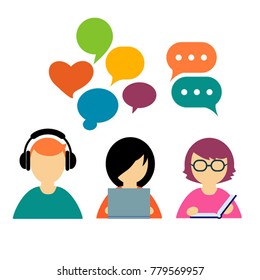 set of vector icons of studying people and speech bubbles
