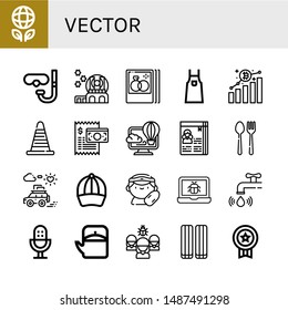 Set of vector icons such as Ecology, Diving glasses, Observatory, Wedding photo, Apron, Bitcoin, Cone, Bill, Virtual, Curriculum, Cutlery, Honeymoon, Baseball cap, Lifeguard , vector