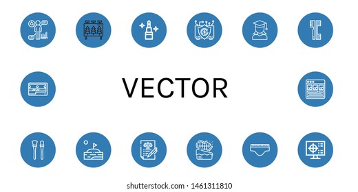 Set of vector icons such as Hr, Billboard, Lipstick, Insurance, Graduate, Brushes, Makeup brushes, Lake, Agreement, Chocolate, Underwear, Cmyk, Sharpener, Article , vector