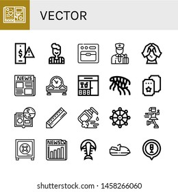 Set of vector icons such as Scrapbook, Risk, Referee, Oven, Customs, Crystal ball, Newspaper, Table clock, Bar, Flea, Ticket, Online learning, Ruler, Moisturizer, Buddhism , vector