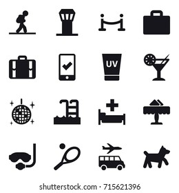 Set of vector icons such as tourist, airport tower, vip fence, suitcase iocn, suitcase, mobile checking, uv cream, cocktail, disco ball, pool, hospital, restaurant, diving mask, tennis, transfer, dog
