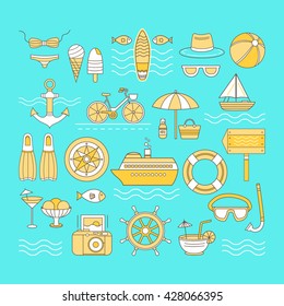 Set of vector icons summer. Banner on the theme of summer. Different elements of a summer vacation - a cruise liner, beach, surfboard, boat, swimsuit, cocktail, hat, sunglasses and other.