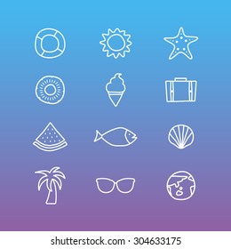 A set of vector icons for summer vacation, white line with blue background.
tube, sun, starfish, pine apple, ice cream, travel bag, water melon, fish, shellfish(clam), palm tree, sunglasses, earth.