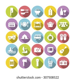 A set of vector icons for summer vacation, holiday, outdoor. tent, road, binocular, thermometer, calendar, audio, passport, utensil, sandal, tube, camera, monitor, fishing, climbing, brazier, guitar.