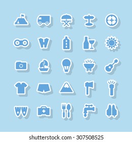 A set of vector icons for summer vacation, outdoor. tent, bus, umbrella, camera, boat, binocular, oil, cloth, , compass, balloon, fins, emergency, medicine, wine, sun, mountain, ax, light, life vest.