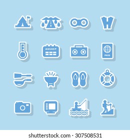 A set of vector icons for summer vacation, holiday, outdoor. tent, road, binocular, thermometer, calendar, audio, passport, utensil, sandal, tube, camera, monitor, fishing, climbing, brazier.